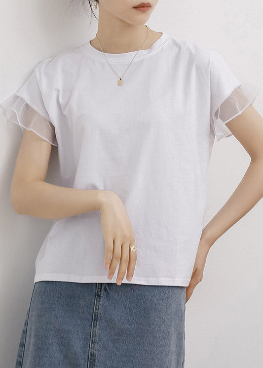 White O-Neck Ruffled Cotton T Shirt Short Sleeve LY2111 - fabuloryshop