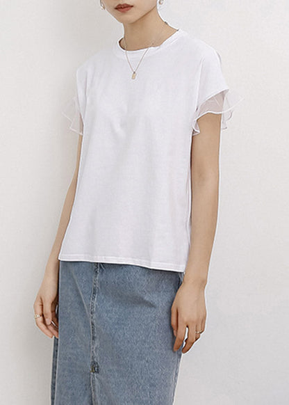 White O-Neck Ruffled Cotton T Shirt Short Sleeve LY2111 - fabuloryshop