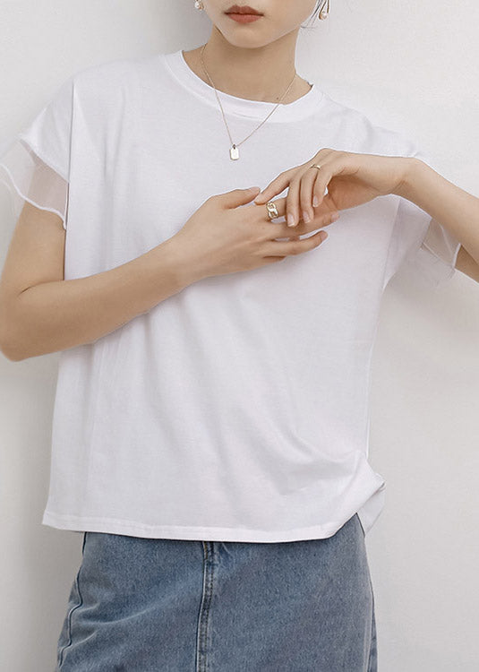 White O-Neck Ruffled Cotton T Shirt Short Sleeve LY2111 - fabuloryshop