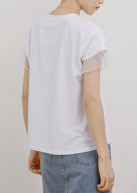 White O-Neck Ruffled Cotton T Shirt Short Sleeve LY2111 - fabuloryshop