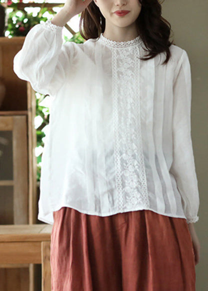 White O-Neck Wrinkled Solid Ramie Top Spring LY5070 - fabuloryshop