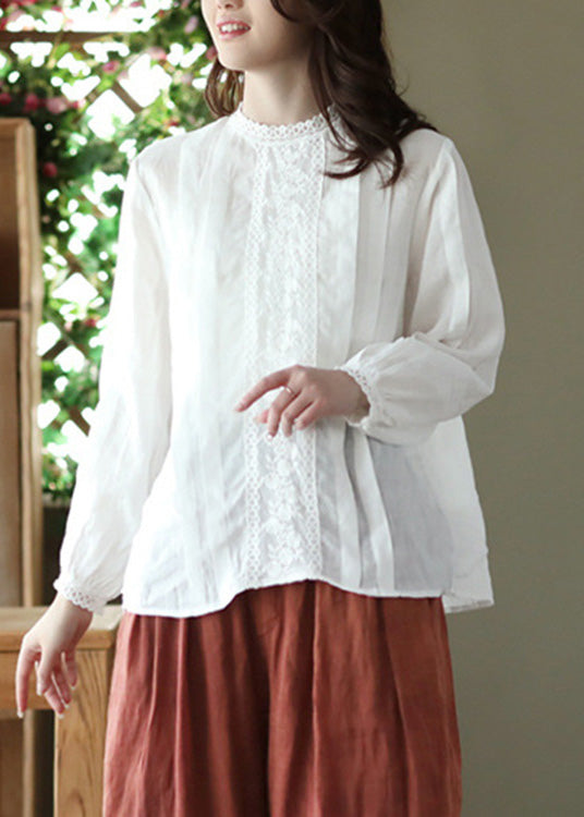 White O-Neck Wrinkled Solid Ramie Top Spring LY5070 - fabuloryshop