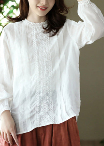 White O-Neck Wrinkled Solid Ramie Top Spring LY5070 - fabuloryshop