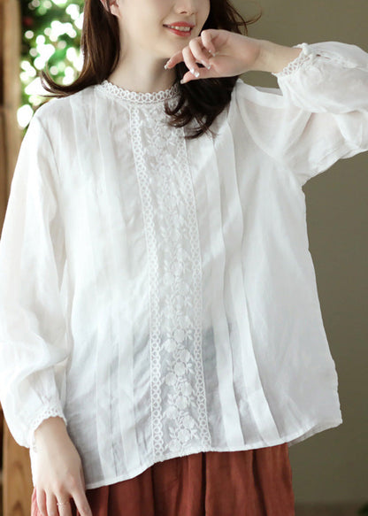 White O-Neck Wrinkled Solid Ramie Top Spring LY5070 - fabuloryshop