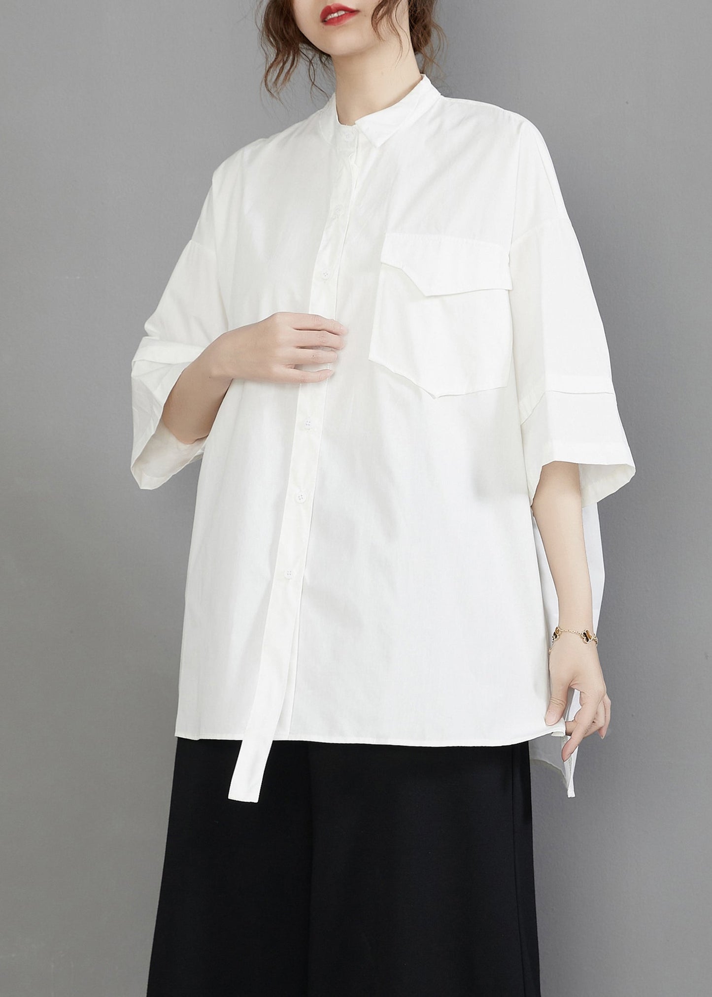 White Oversized Cotton Blouses Stand Collar Pocket Half Sleeve LY7335 - fabuloryshop