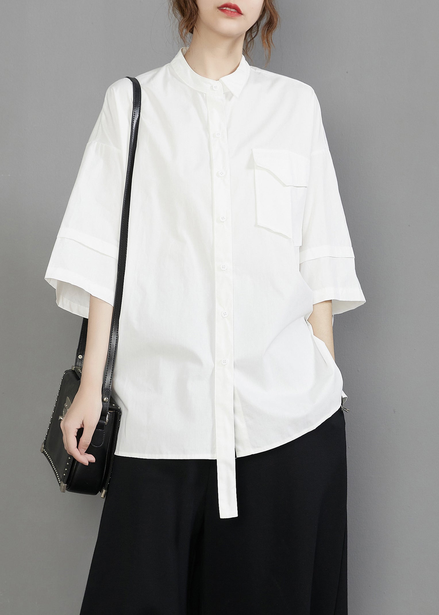 White Oversized Cotton Blouses Stand Collar Pocket Half Sleeve LY7335 - fabuloryshop