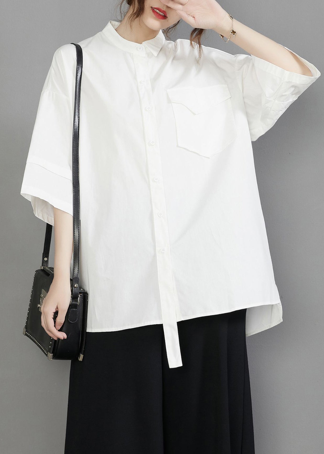 White Oversized Cotton Blouses Stand Collar Pocket Half Sleeve LY7335 - fabuloryshop