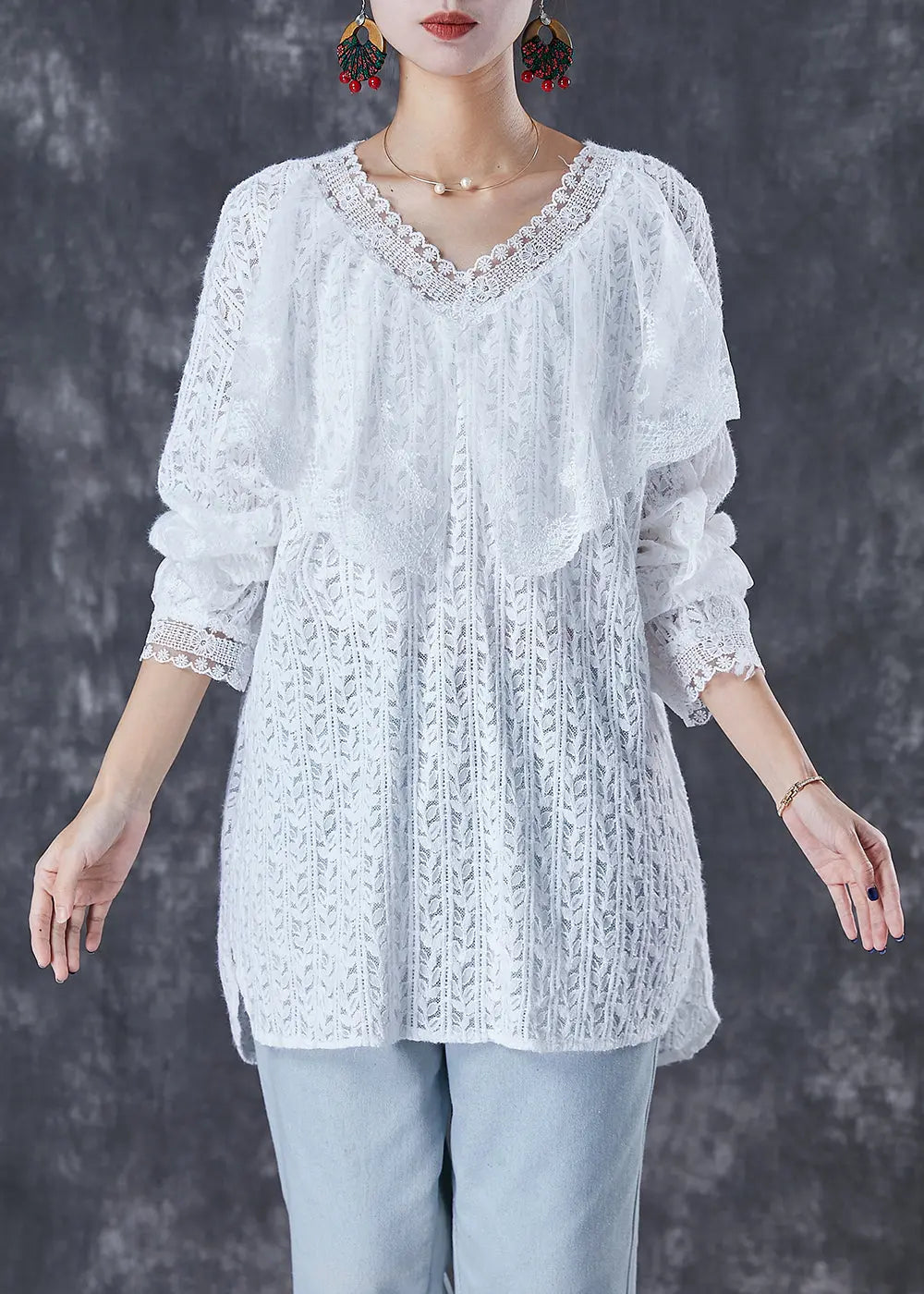 White Oversized Lace Shirt Top V Neck Fall Ada Fashion