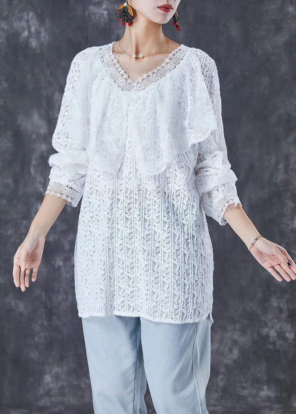 White Oversized Lace Shirt Top V Neck Fall Ada Fashion