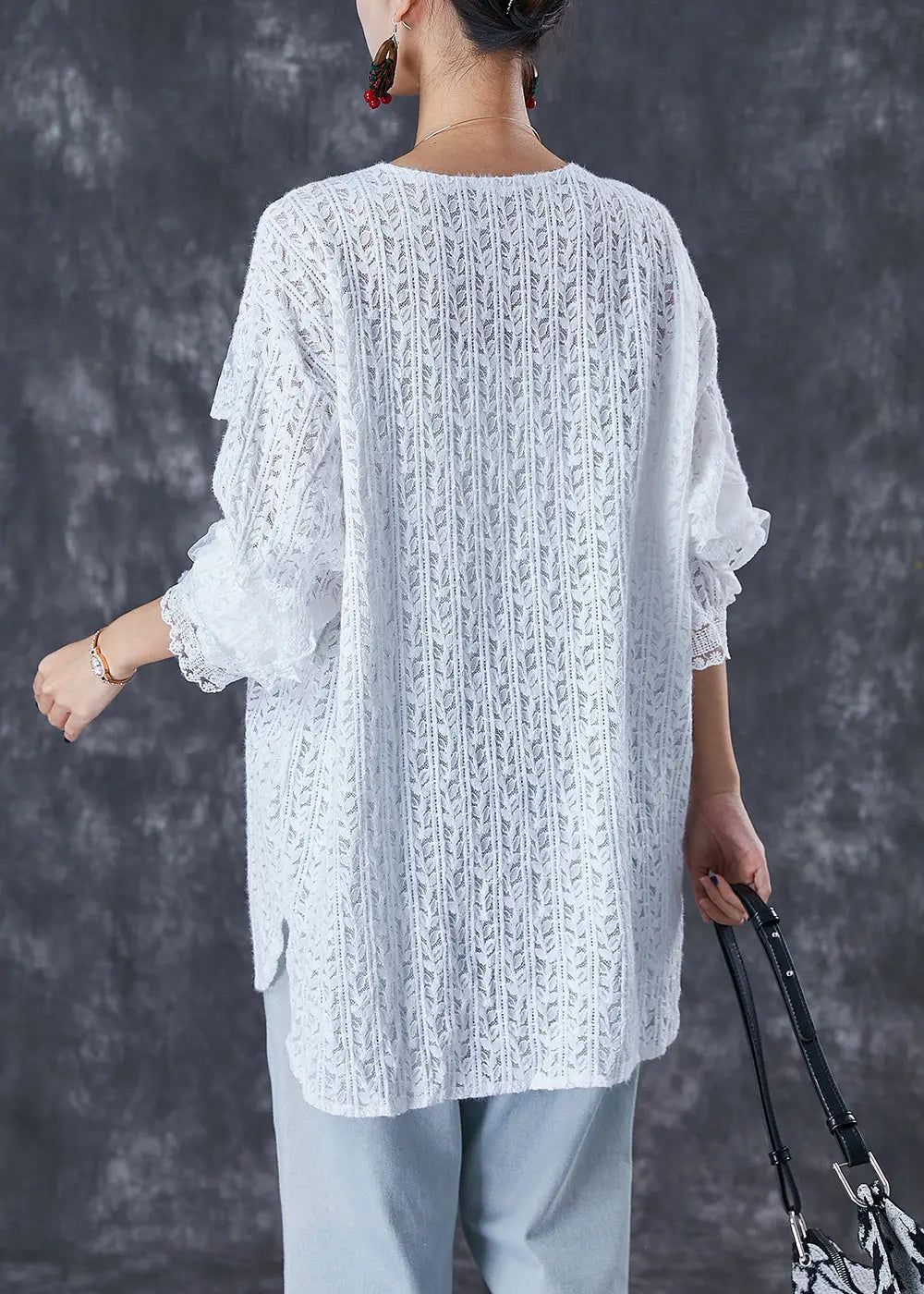 White Oversized Lace Shirt Top V Neck Fall Ada Fashion