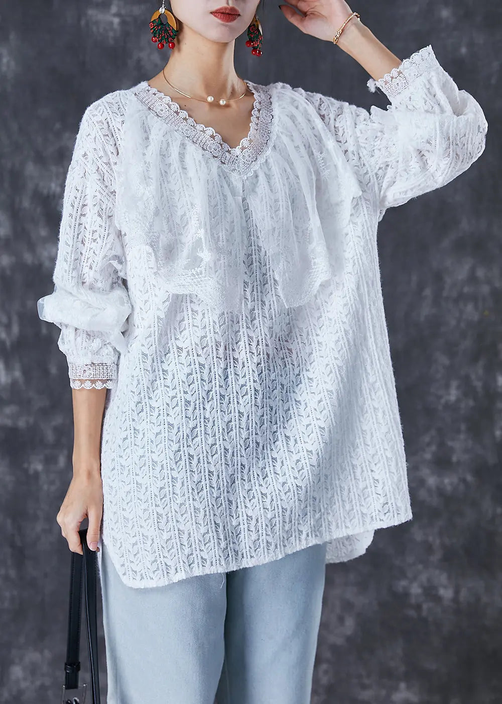 White Oversized Lace Shirt Top V Neck Fall Ada Fashion