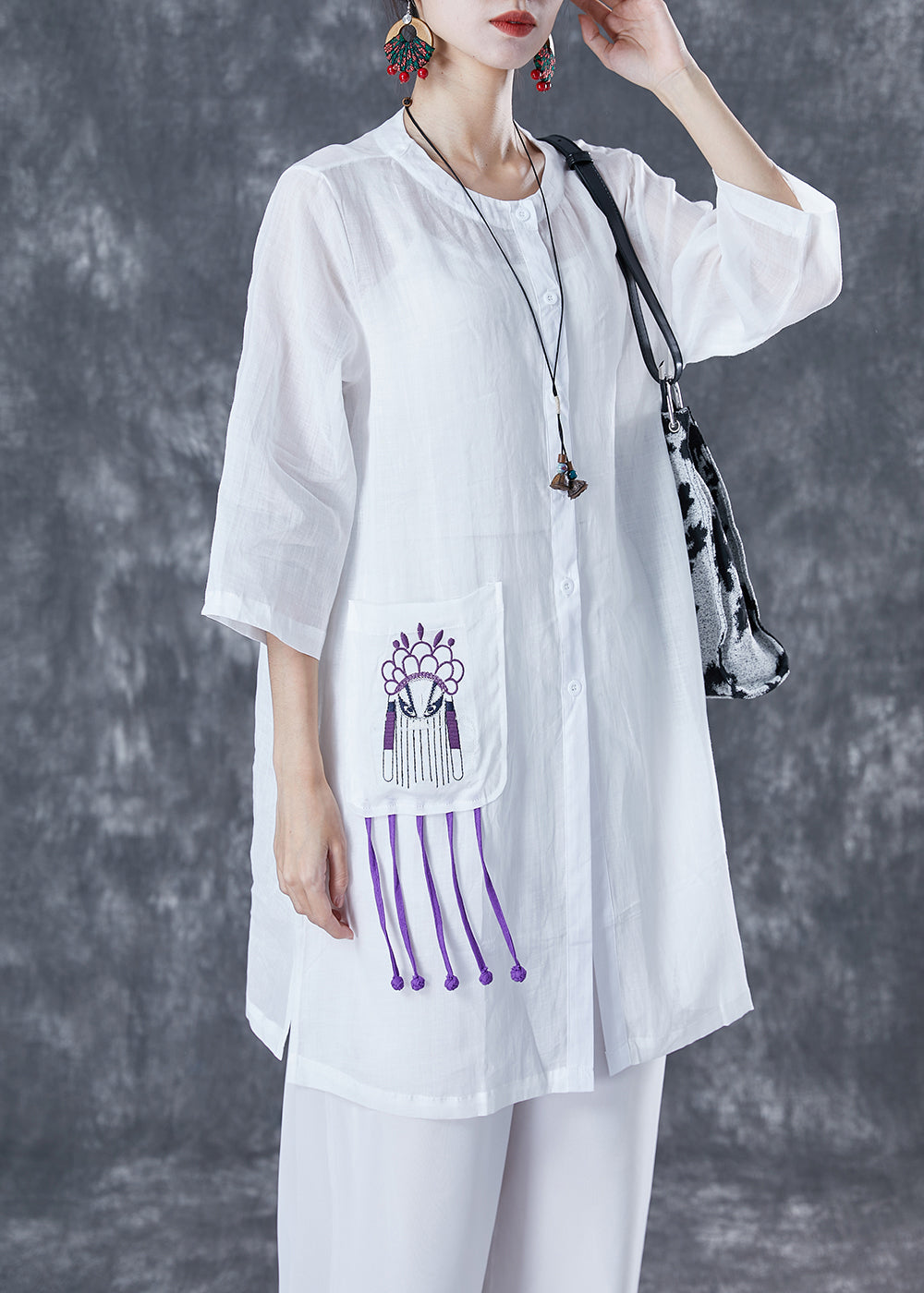White Oversized Linen Shirts Embroideried Pocket Half Sleeve LY5061 - fabuloryshop