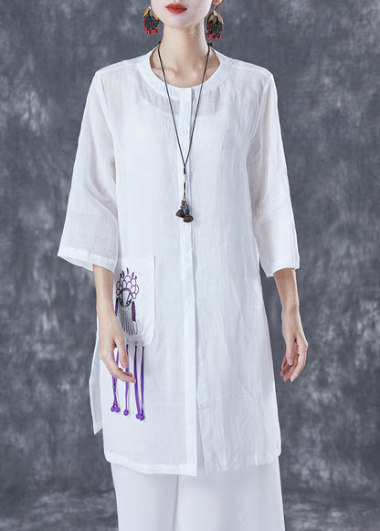 White Oversized Linen Shirts Embroideried Pocket Half Sleeve TA1033 - fabuloryshop