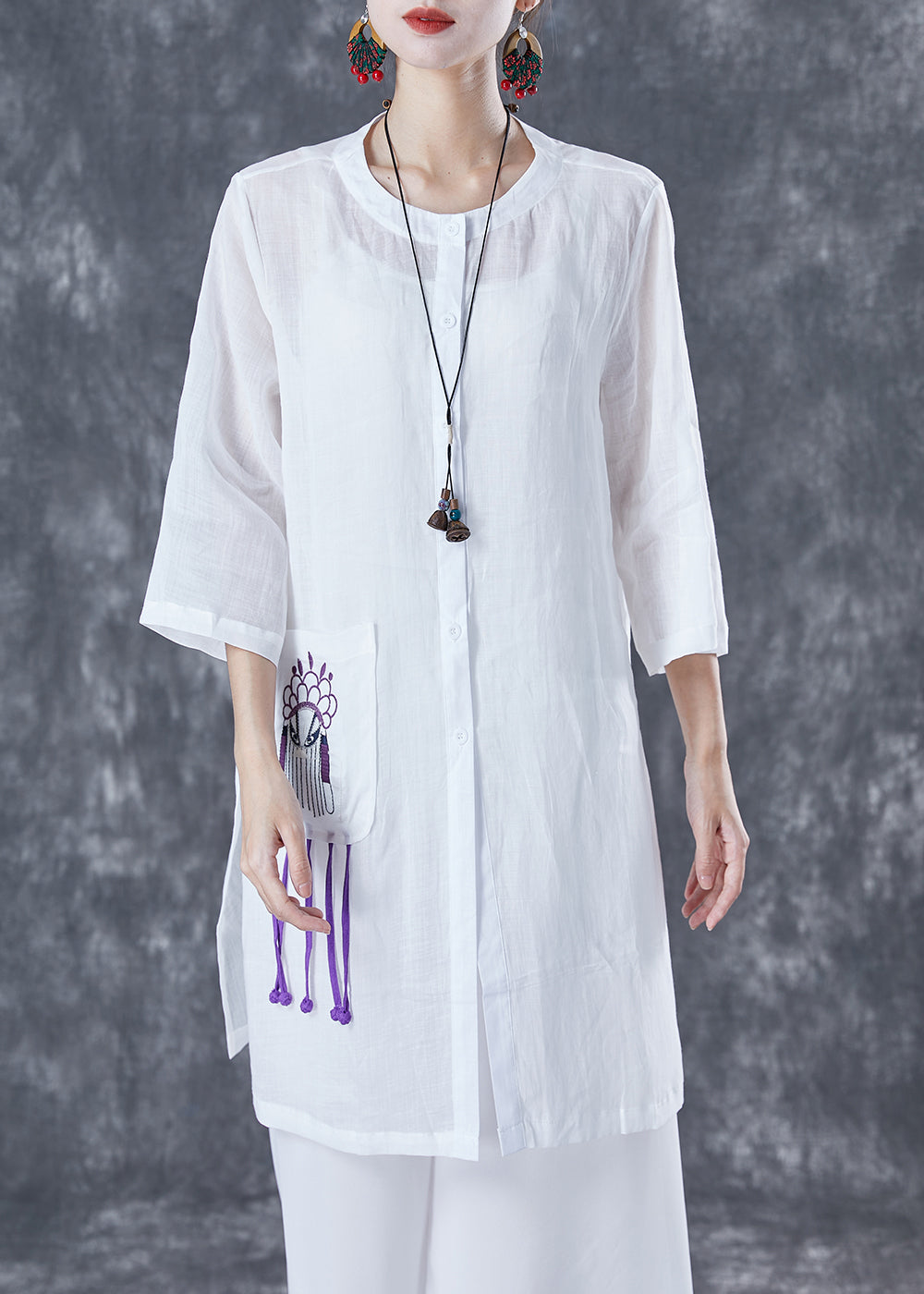 White Oversized Linen Shirts Embroideried Pocket Half Sleeve LY5061 - fabuloryshop