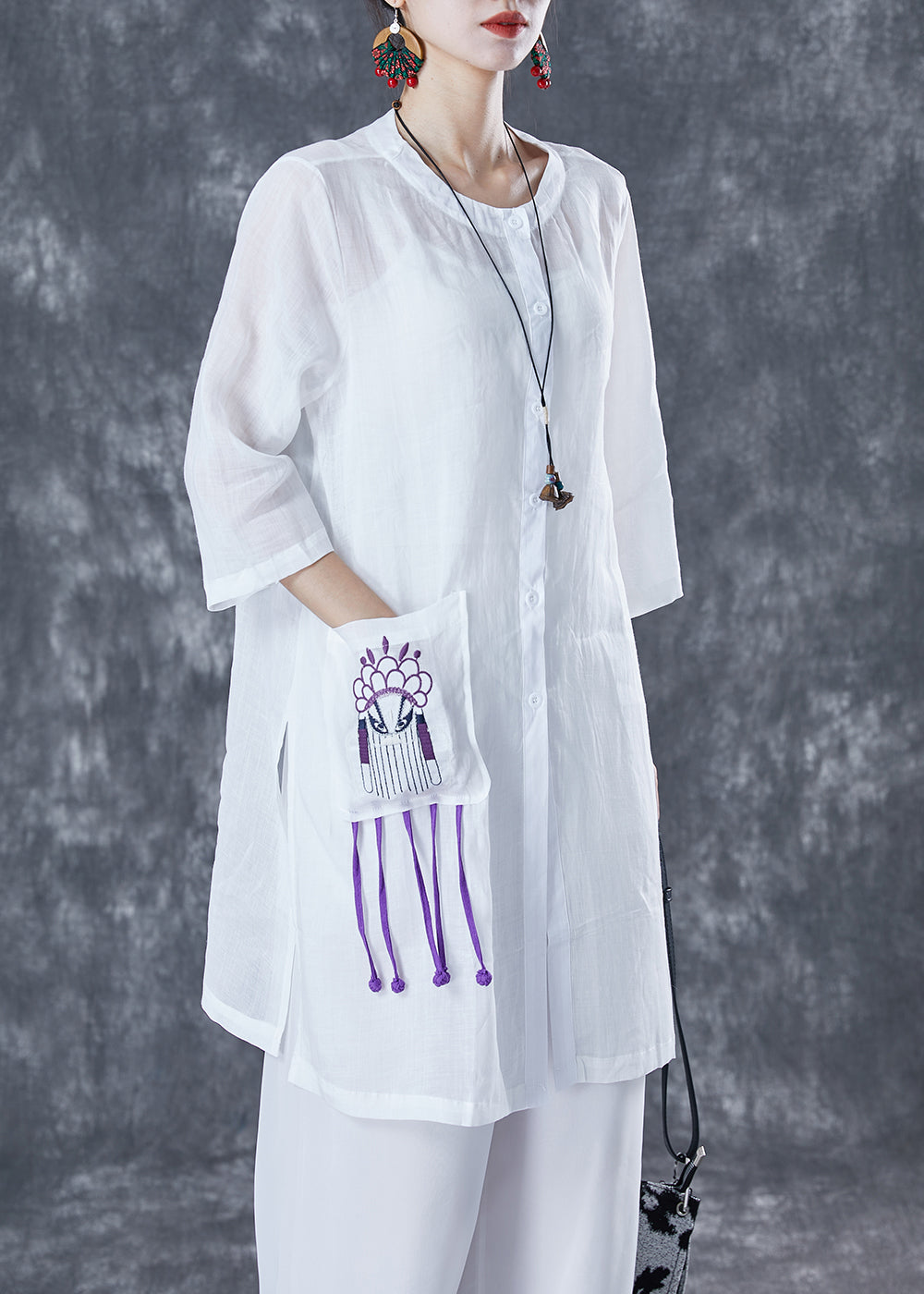White Oversized Linen Shirts Embroideried Pocket Half Sleeve LY5061 - fabuloryshop