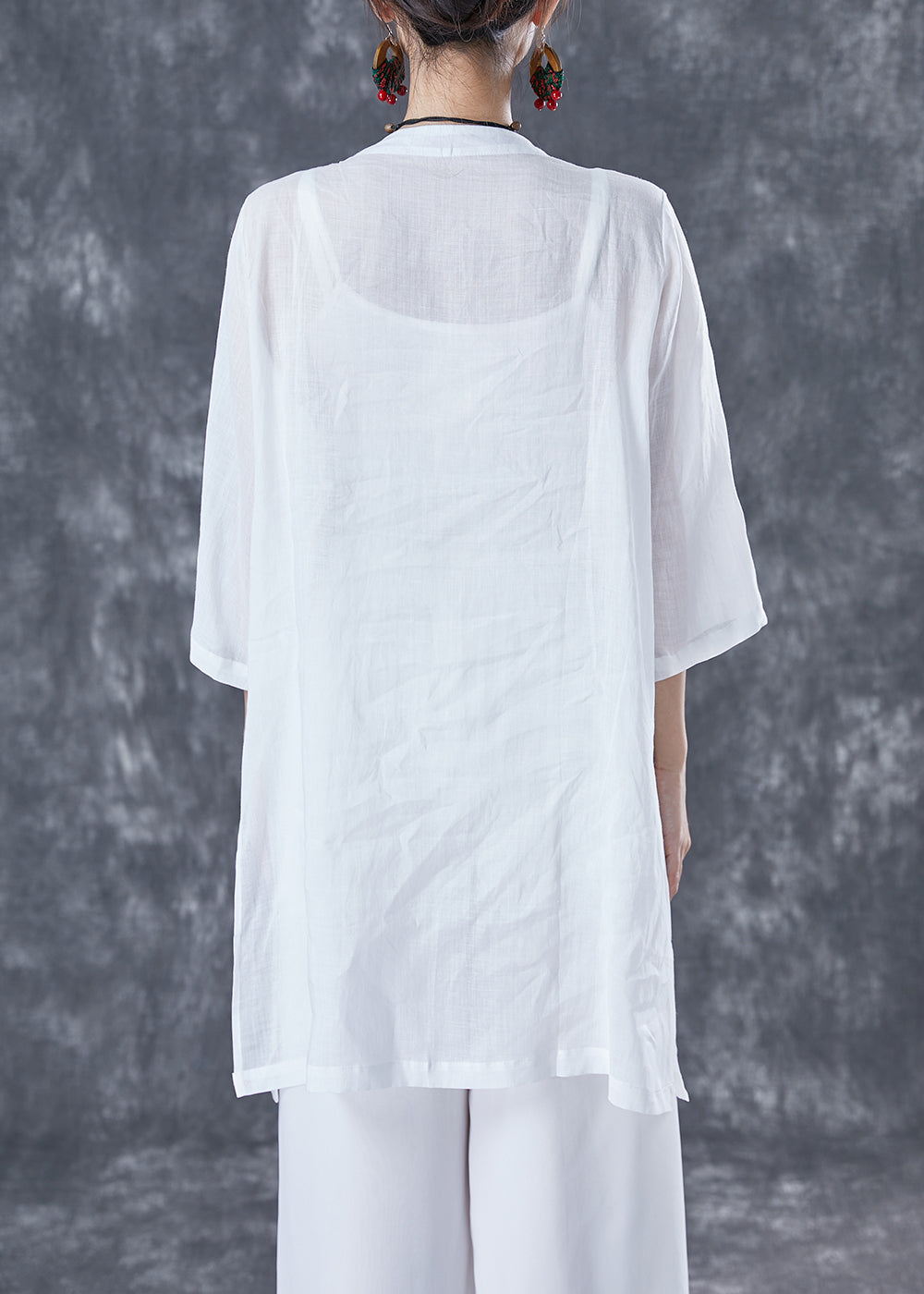 White Oversized Linen Shirts Embroideried Pocket Half Sleeve TA1033