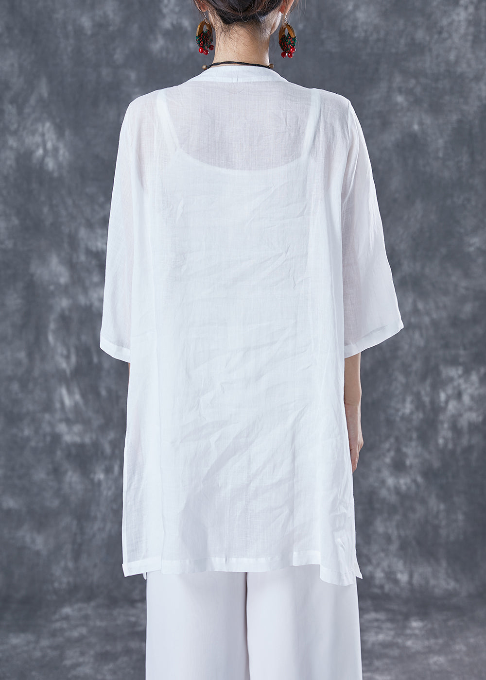 White Oversized Linen Shirts Embroideried Pocket Half Sleeve LY5061 - fabuloryshop