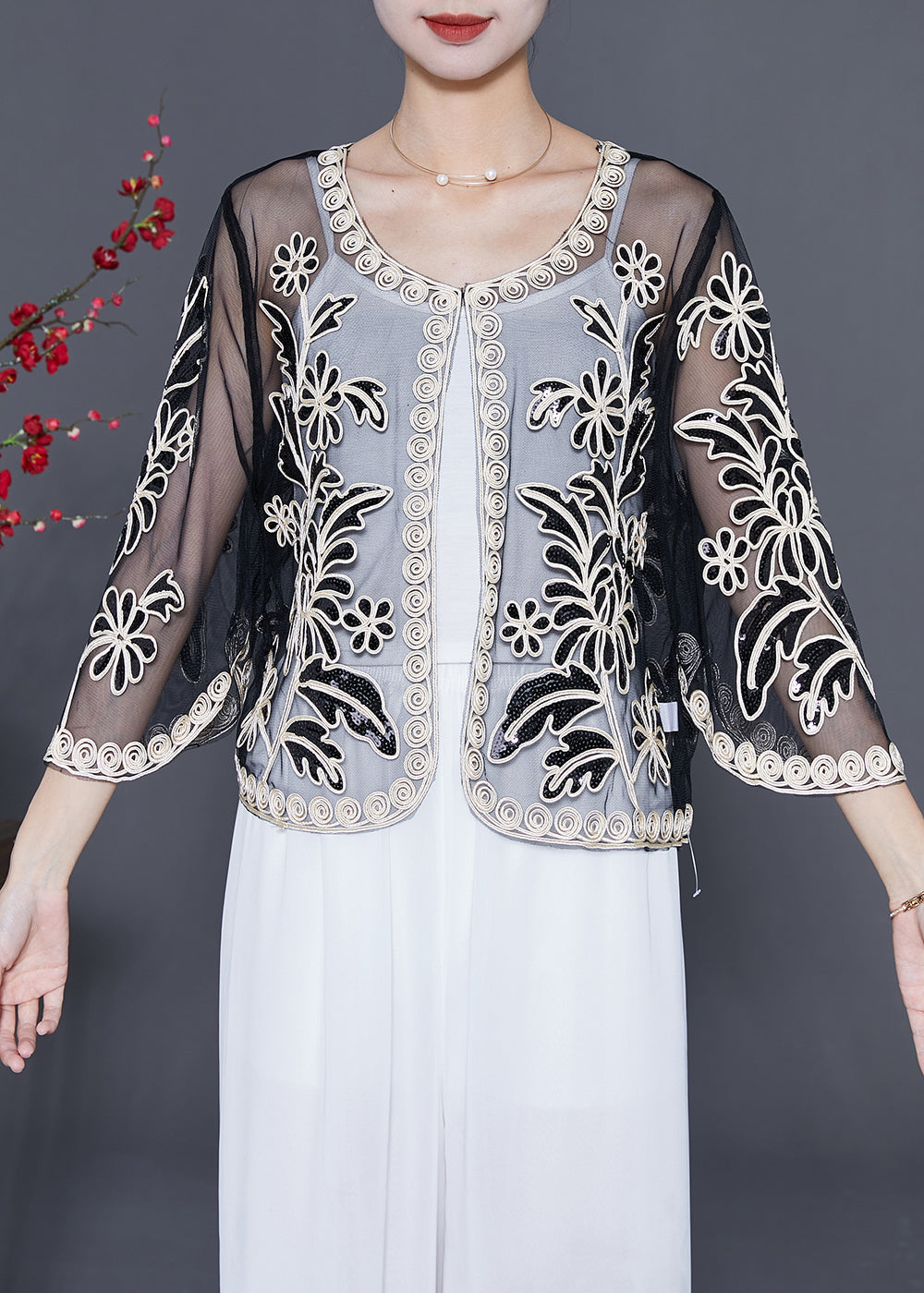 White Oversized Tulle Cardigans Embroideried Sequins Summer LY5590 - fabuloryshop