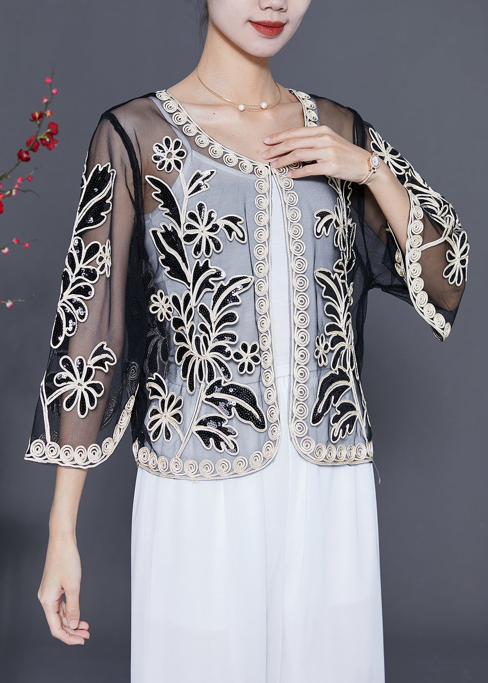 White Oversized Tulle Cardigans Embroideried Sequins Summer LY5590 - fabuloryshop