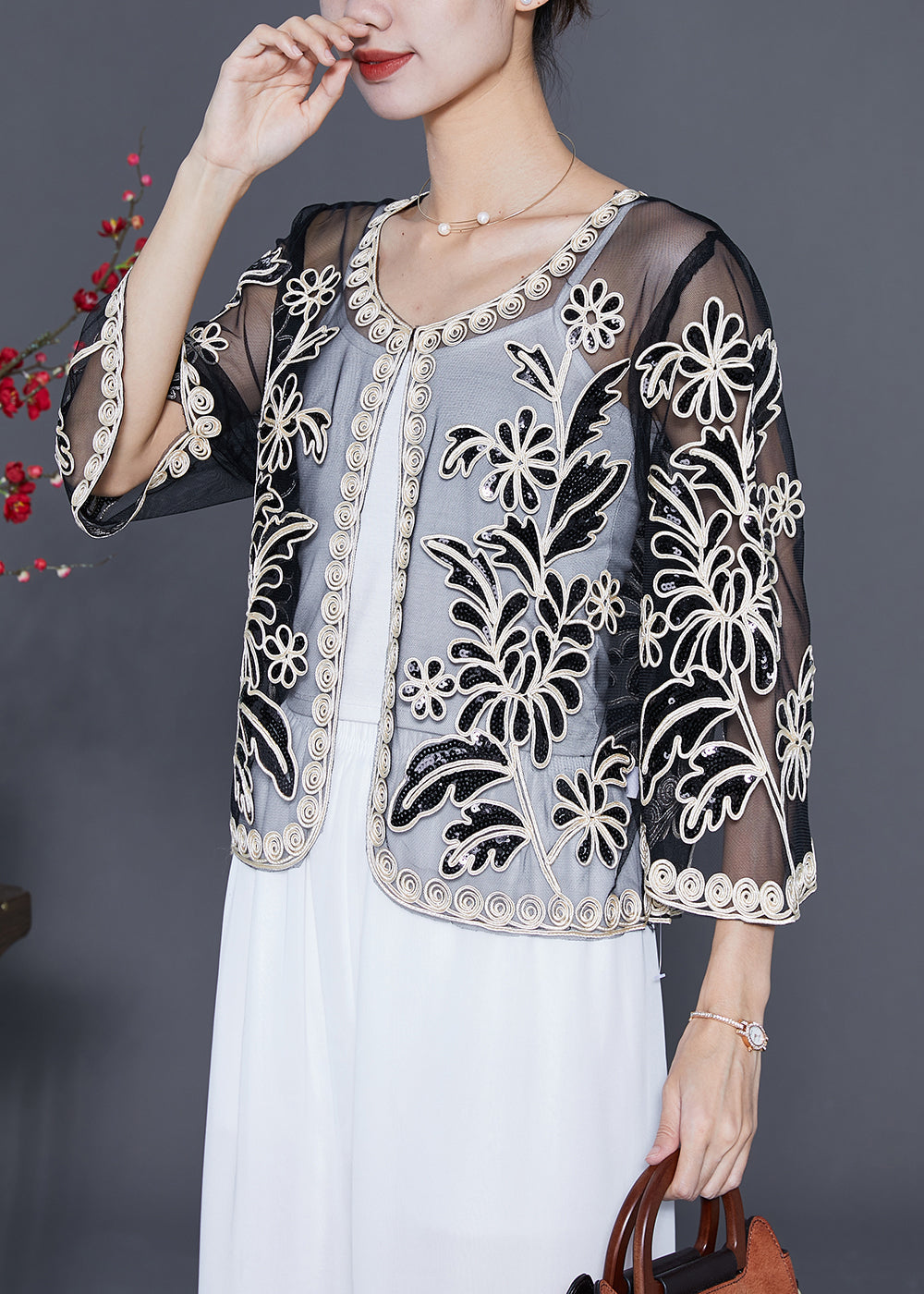 White Oversized Tulle Cardigans Embroideried Sequins Summer LY5590 - fabuloryshop