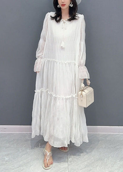 White Patchwork Chiffon Long Dress Ruffled Lace Up Summer LY5741 - fabuloryshop