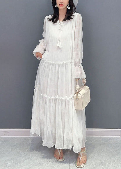 White Patchwork Chiffon Long Dress Ruffled Lace Up Summer LY5741 - fabuloryshop