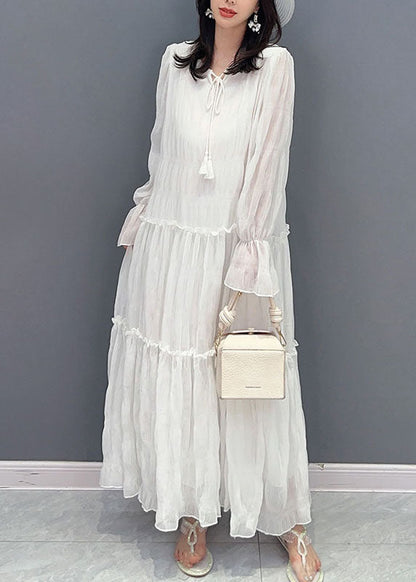 White Patchwork Chiffon Long Dress Ruffled Lace Up Summer LY5741 - fabuloryshop