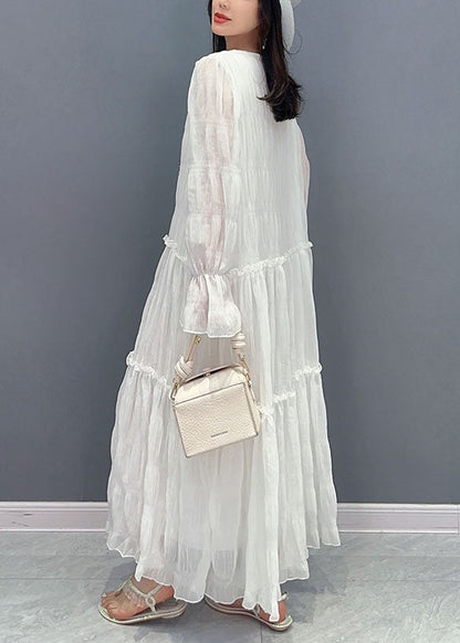 White Patchwork Chiffon Long Dress Ruffled Lace Up Summer LY5741 - fabuloryshop