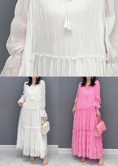 White Patchwork Chiffon Long Dress Ruffled Lace Up Summer LY5741 - fabuloryshop