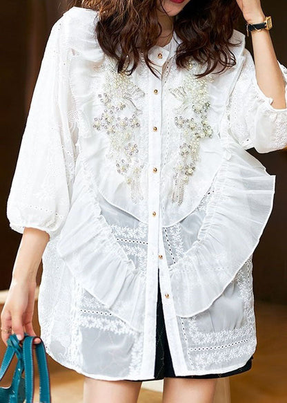 White Patchwork Chiffon Shirt Tops Ruffled Nail Bead Spring LY3851 - fabuloryshop