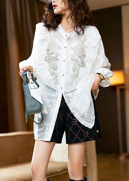 White Patchwork Chiffon Shirt Tops Ruffled Nail Bead Spring LY3851 - fabuloryshop