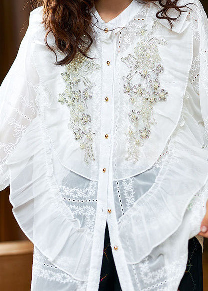 White Patchwork Chiffon Shirt Tops Ruffled Nail Bead Spring LY3851 - fabuloryshop