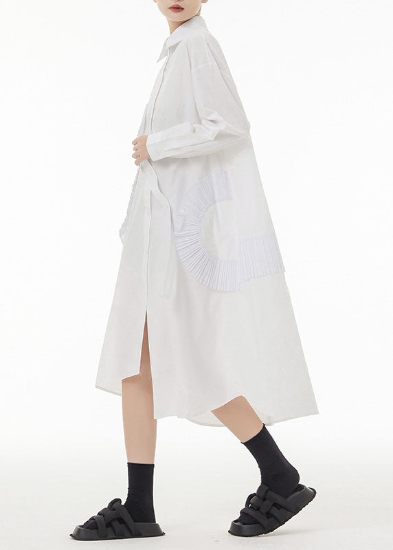 White Patchwork Cotton Shirt Dresses Asymmetrical Wrinkled Spring LC0118 - fabuloryshop