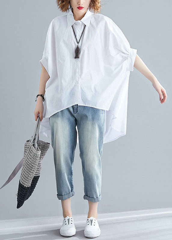 White Patchwork Cotton Shirts Top Asymmetrical Wrinkled Summer LY5638 - fabuloryshop