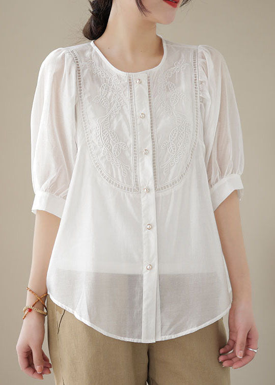 White Patchwork Cotton Top Embroideried O-Neck Wrinkled Summer LY4903 - fabuloryshop