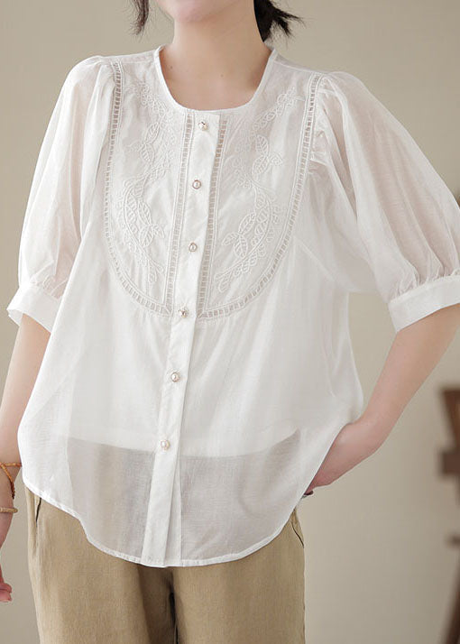 White Patchwork Cotton Top Embroideried O-Neck Wrinkled Summer LY4903 - fabuloryshop