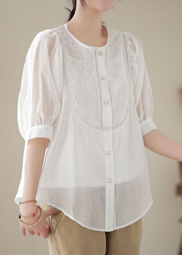 White Patchwork Cotton Top Embroideried O-Neck Wrinkled Summer LY4903 - fabuloryshop