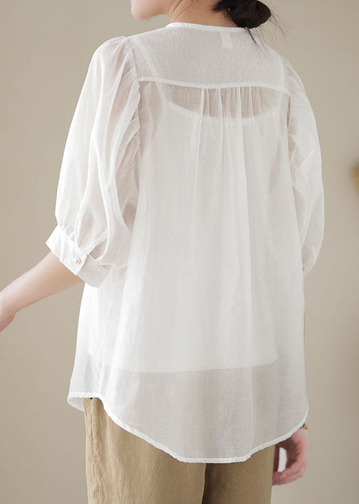 White Patchwork Cotton Top Embroideried O-Neck Wrinkled Summer LY4903 - fabuloryshop