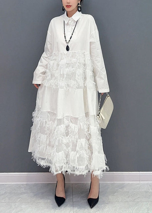 White Patchwork Cotton Vacation Dresses Oversized Tassel  Spring LY1579 - fabuloryshop
