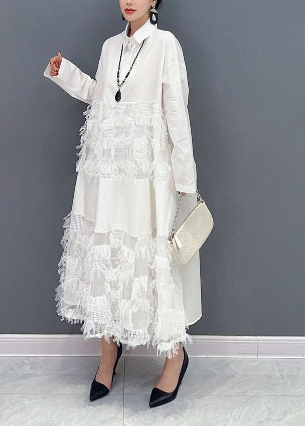 White Patchwork Cotton Vacation Dresses Oversized Tassel  Spring LY1579 - fabuloryshop