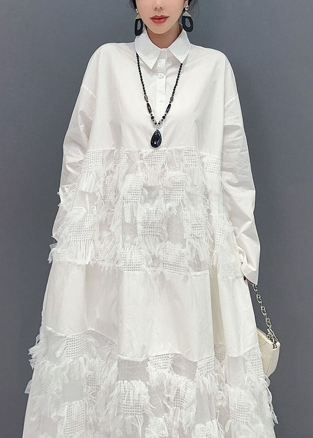 White Patchwork Cotton Vacation Dresses Oversized Tassel  Spring LY1579 - fabuloryshop