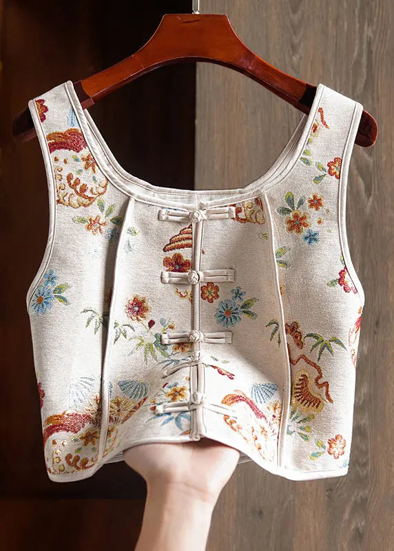 White Patchwork Cotton Vest Embroideried Chinese Button Sleeveless Ada Fashion