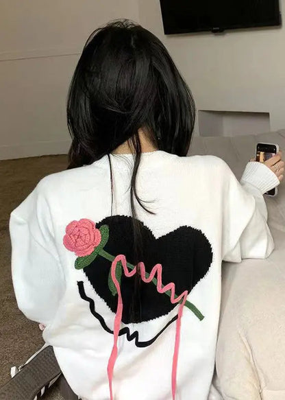 White Patchwork Cozy Knit Sweaters O Neck Floral Heart Fall Ada Fashion