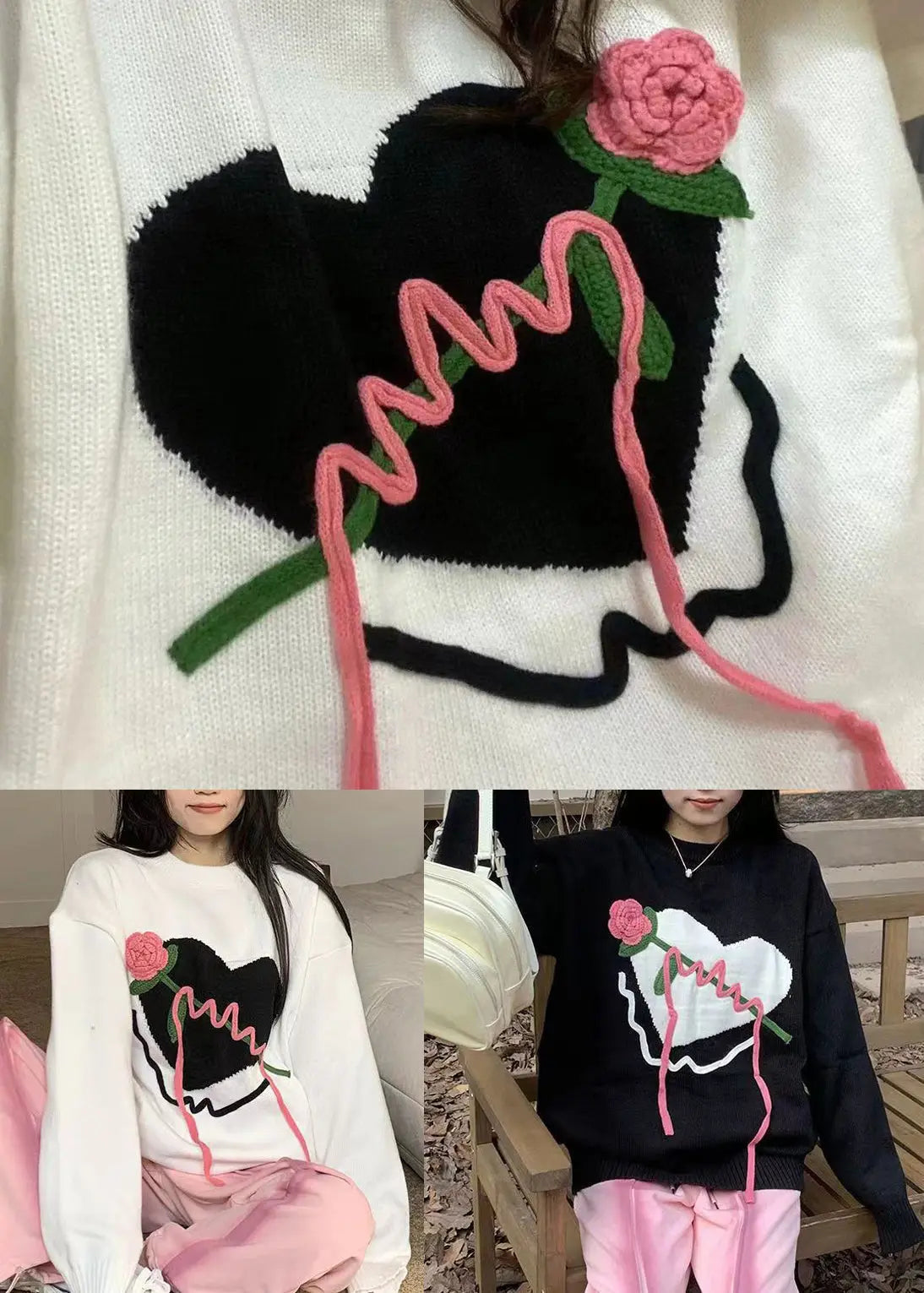 White Patchwork Cozy Knit Sweaters O Neck Floral Heart Fall Ada Fashion