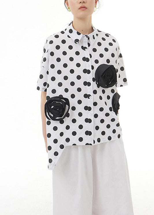 White Patchwork Floral Button Cotton Top Short Sleeve LY1193 - fabuloryshop