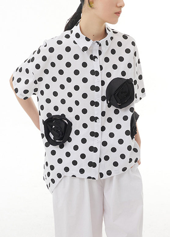 White Patchwork Floral Button Cotton Top Short Sleeve LY1193 - fabuloryshop