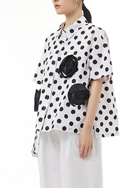 White Patchwork Floral Button Cotton Top Short Sleeve LY1193 - fabuloryshop
