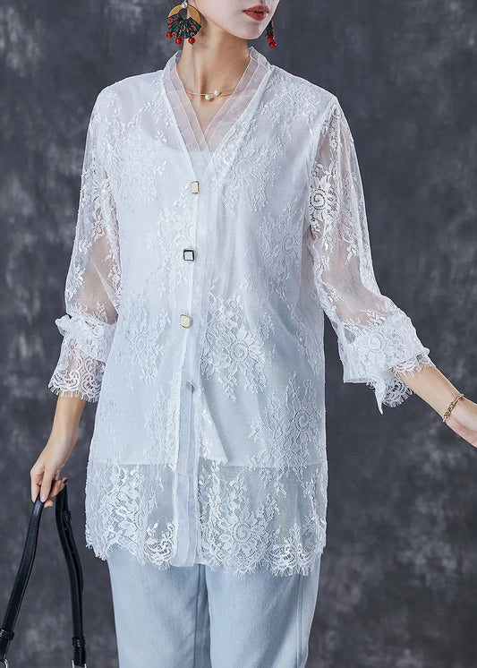 White Patchwork Lace Blouses Oversized Hollow Out Fall Ada Fashion