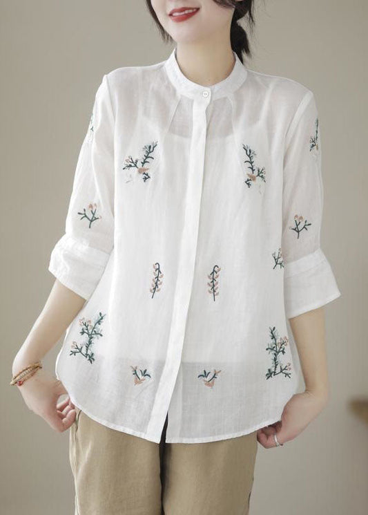 White Patchwork Linen Blouses Embroideried Stand Collar Summer LY4035 - fabuloryshop