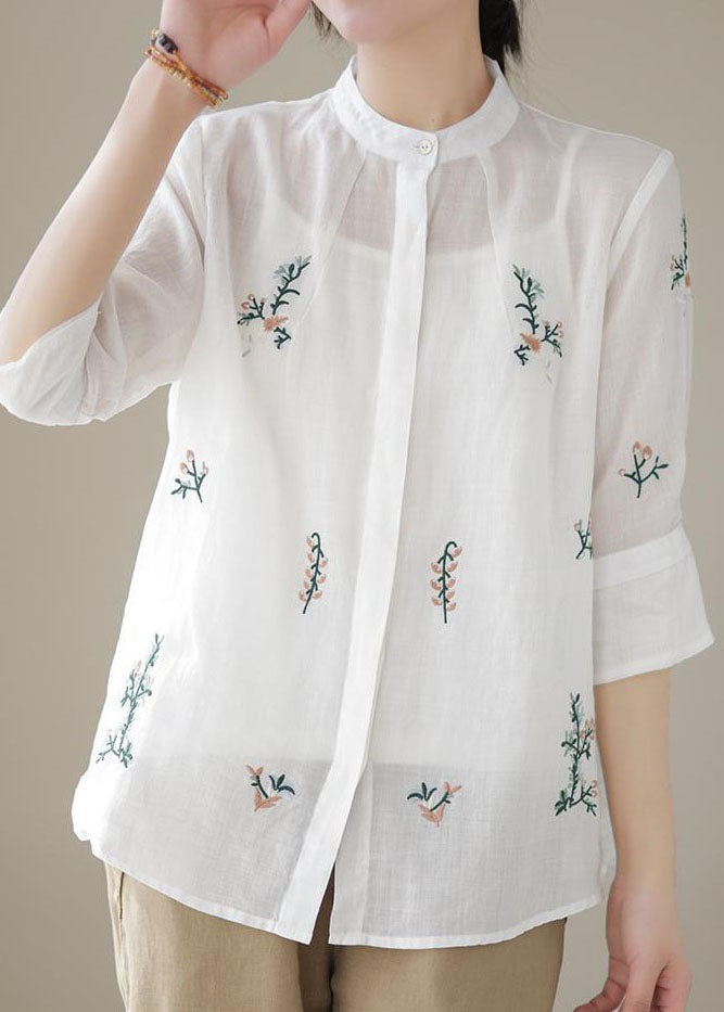 White Patchwork Linen Blouses Embroideried Stand Collar Summer LY4035 - fabuloryshop